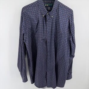 R&R Casuals Mens Large Navy Blue Geometric‎ Medallion Print Cotton Button Down
